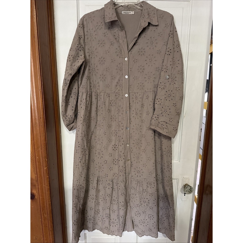 Laura Bianchi Dress Sz Medium Beige Eyelet Made In Italy Church Vacation Boho